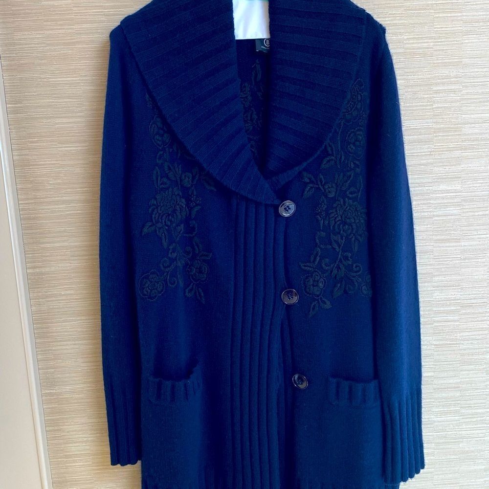 sonia BOGNER Navy blue overlay embroidery long après-ski cardigan -size 8